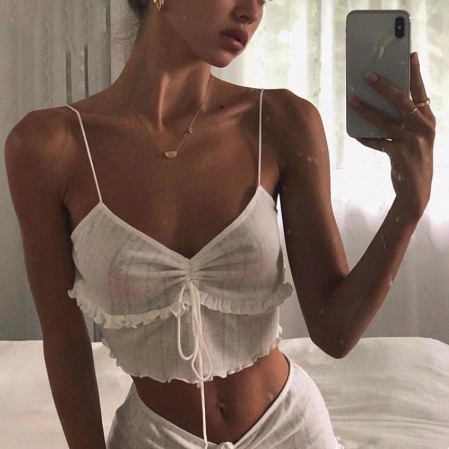 

Elegant white Low chest v-neck laciness spaghetti strap female kpop bodycon lace up street tank crop top Home style sling