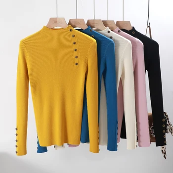 

Button Turtleneck Sweater Women Autumn Winter Knitted Jumper Pullovers Korean Slim Sweater Long Sleeve Elasticity Tops Casual