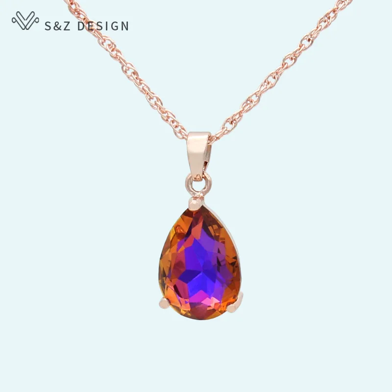 S&Z DESIGN New Fashion Water Drop Crystal Pendant Necklace For Women Wedding Party Fashion 585 Rose Gold Color Jewelry