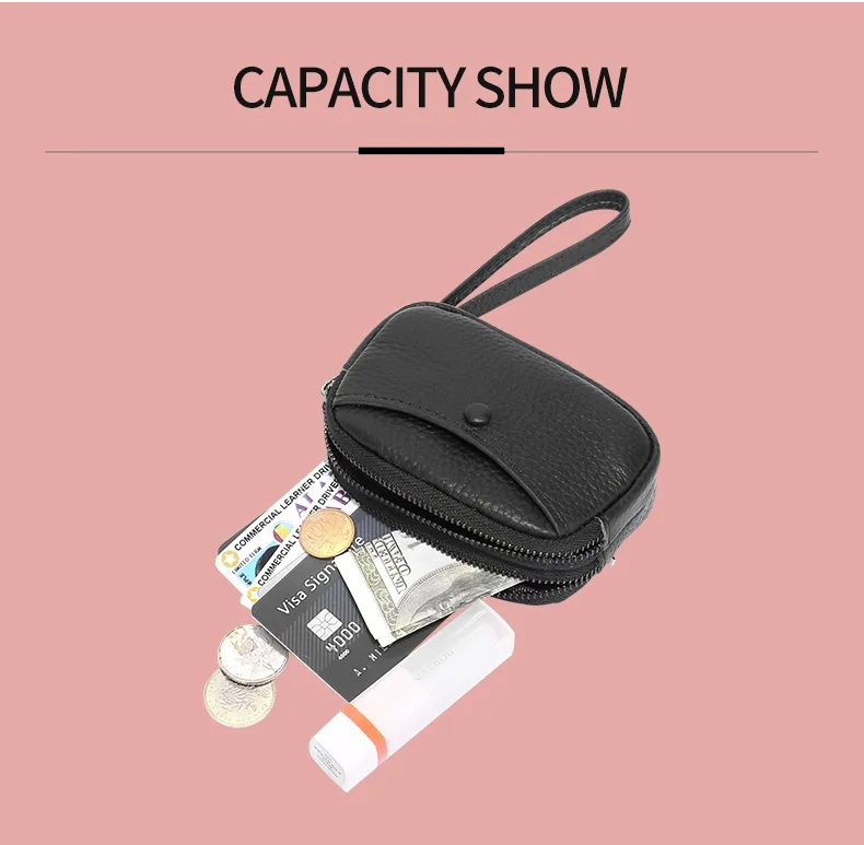 Genuine Leather Coin Purse Women Small Coin Wallet Fashion Wrist Strap Double Zipper Change Purse Portable Pouch Ladies Clutch
