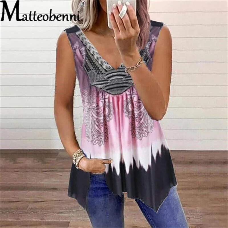 

2021 Summer V-Neck Fashion Printed Sleeveless Tops Women Vintage Casual Loose Tank Top Ladies Sexy Vest T-Shirt Tops