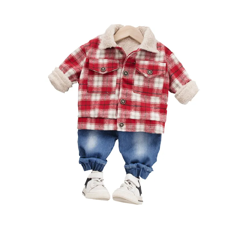

New Children's Clothing Boys Autumn and Winter Plus Thick Velvet Korean Version of Plaid Lapel Baby Set