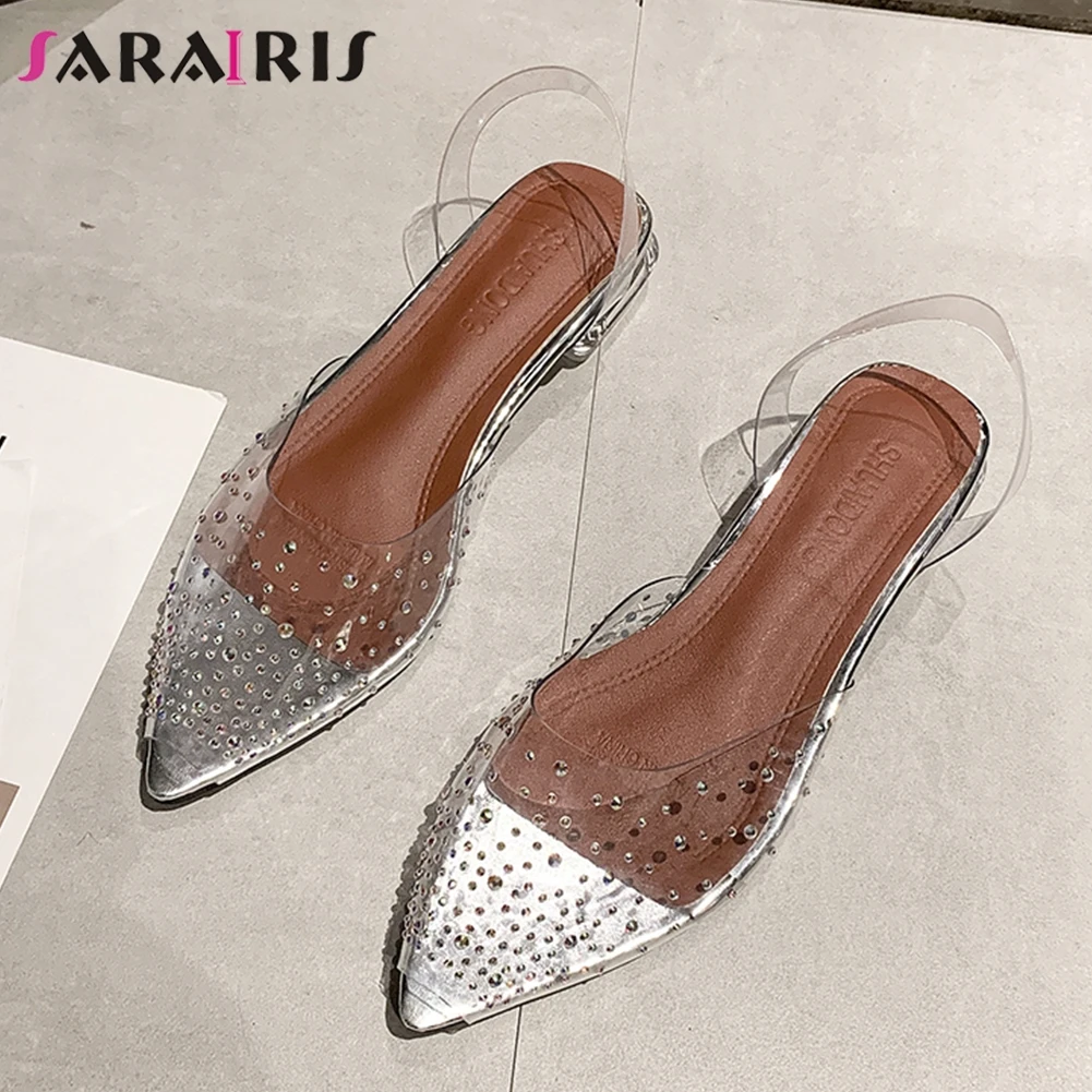 

SARAIRISbrand New Female Fashion Crystal Pointed Toe Summer Sandals 2020 Casual Soft Sandals Women Chunky Heels Shoes Woman