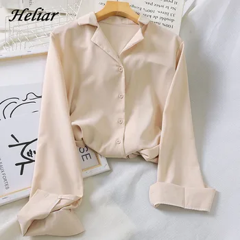 

HELIAR Chiffon Blouse Women Sping Autumn Long Sleeve V-Neck Tops Female Buttoned Up Solid Loose Shirt Fashion Blouse For Women