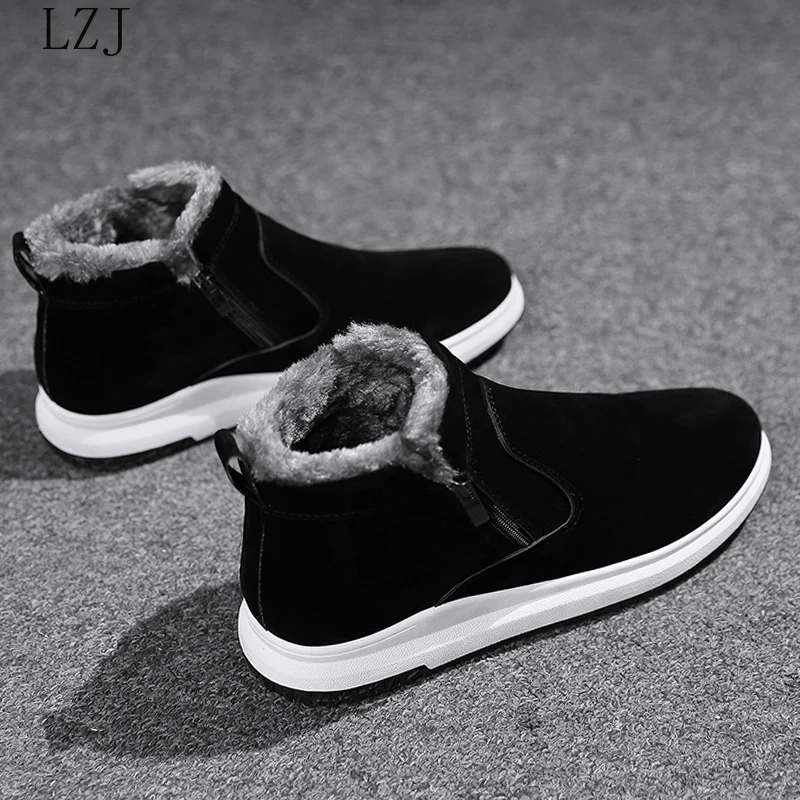 

Slip On Round Toe Men's Sneakers Casual Plus Velvet Winter Warm Short Ankle Boots Plush Man's Low-top Snow Shoes Mans footwear