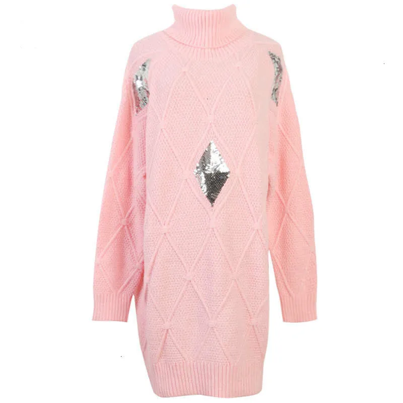 

Winter Long Sweater 2019 Fashion turtleneck Rhombus Plaid Sequins Sweater Pink High Neck KNitted OVersized Jumper Knitwear B043