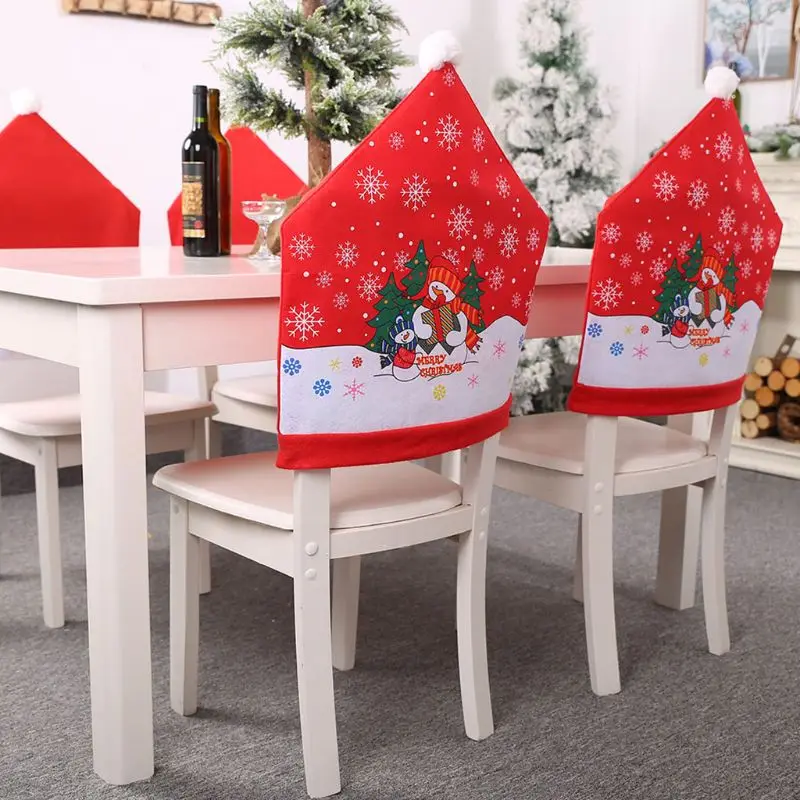 

2pcs Christmas Decoration Santa Snowman Snowflake Dinner Chair Cover Hat Back Home Holiday Table Decoration