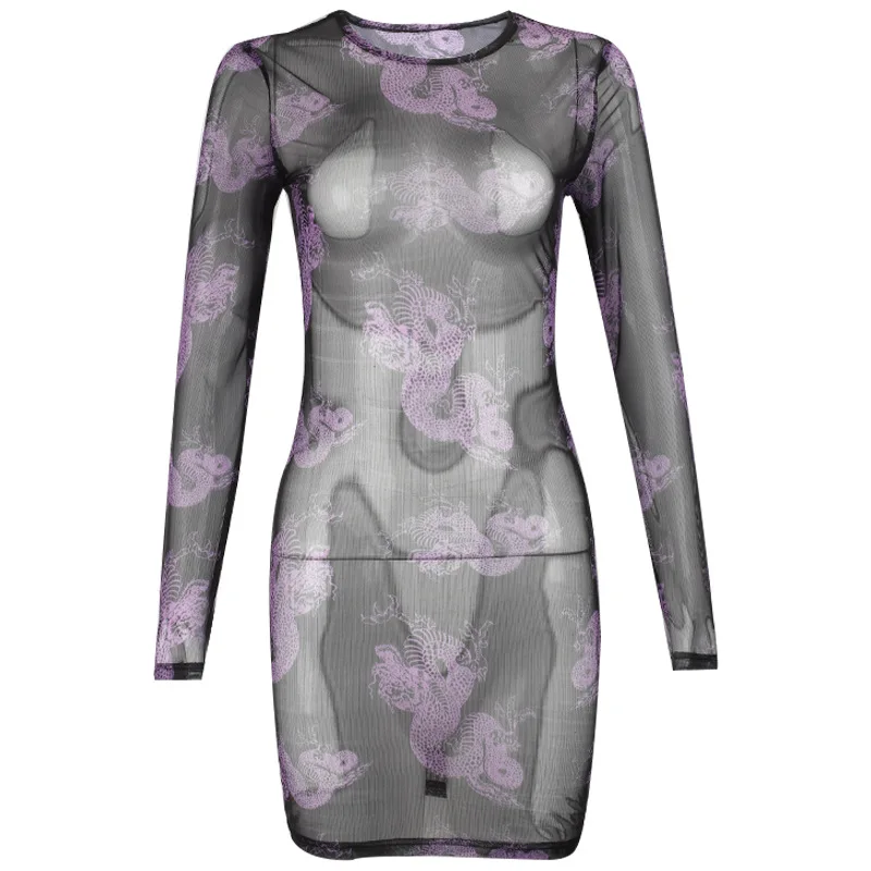 Women Gothic Chinese Dragon Printed Mesh Dress 2021 Hipster Lady Transparent Thin O Neck Mini Long Sleeve Contrast Color Dresses