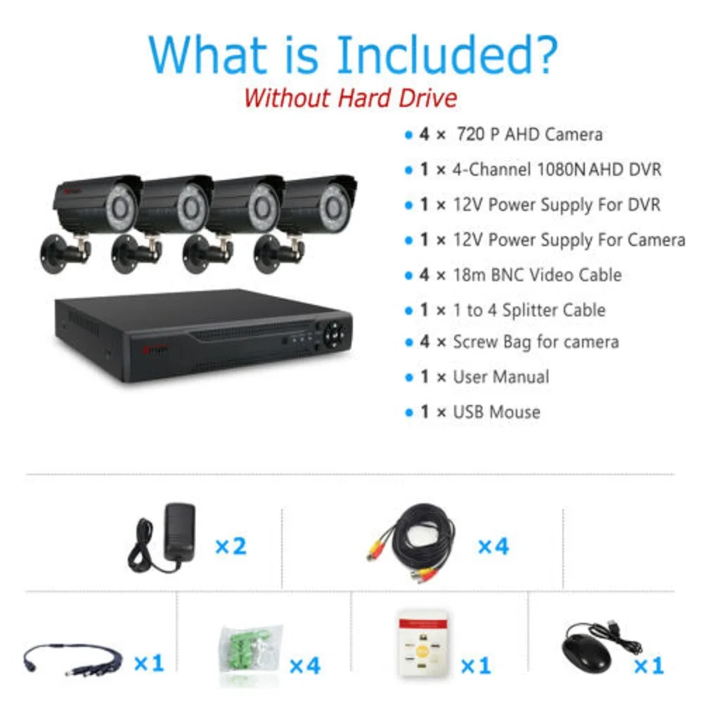 Anspo Home Security Cameras System Video Surveillance Kit CCTV 4CH 720P 4PCS Outdoor AHD Security Camera System