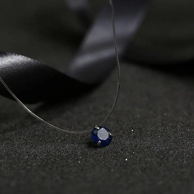 Navyblue Модный Блестящий Кристалл Ожерелье Циркон Кулон прозрачная леска невидимое ожерелье для женщин ювелирные изделия Ключицы Цепи чокер - Окраска металла: Navyblue