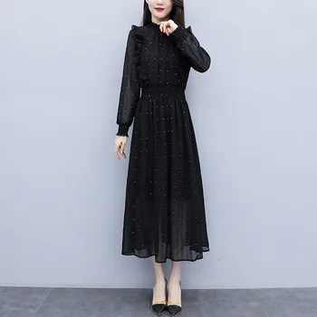 

Plus Size New Spring Autumn Women Dresses Plus Size Fashion Dot Collect Waist Slim Bell Sleeve Chiffon Dress for Women M-5XL