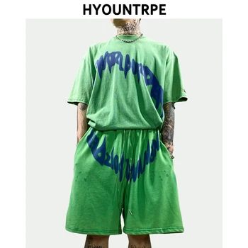 

2 Pieces Sets Mens Fashion Vintage Washed Short Sleeve Loose T Shirt and Elastic Waist Sweatpant Harajuku Clothing Hip Hop Set