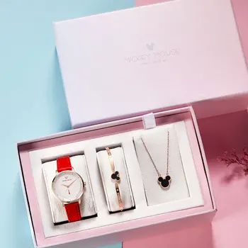 

Luxury Pearl Ladies Watch Bangle Necklace Three-in-one Gift Women Leather Waterproof Clock Mickey Mouse Disney Female Watches