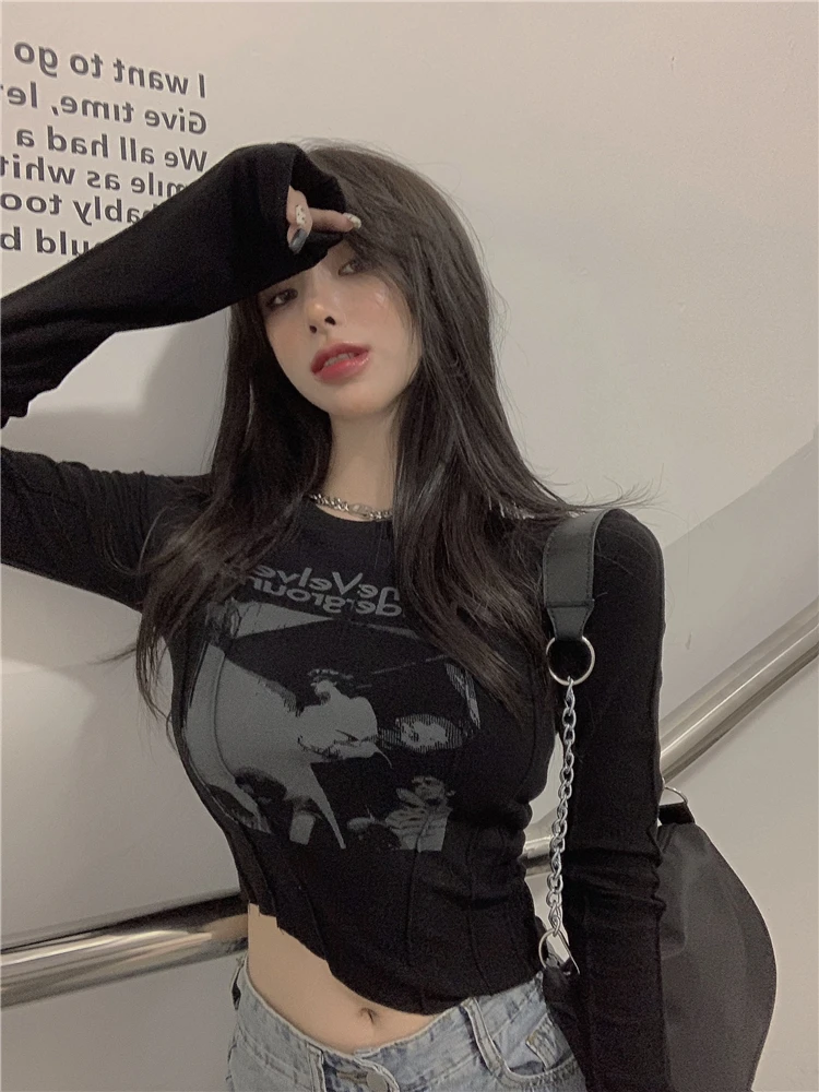 Yedinas Casual Slim T-shirt For Women O Neck Long Sleeve Sexy Crop Top Grunge Letters Print Female Korean Fashion Clothing 2021