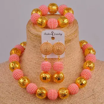 

peach costume jewelry European and American African beads jewelry set simulated pearl nigerian wedding necklace FZZ44
