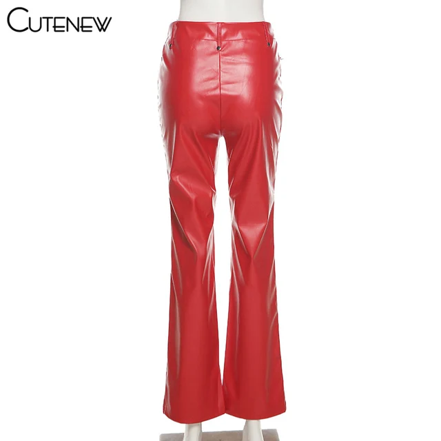 DanceeMangoos Women's Lace Up PU Leather Pants Trendy Y2k High Waist Hollow  Out Drawstring Bandage Cut Out Faux Leather Trousers 