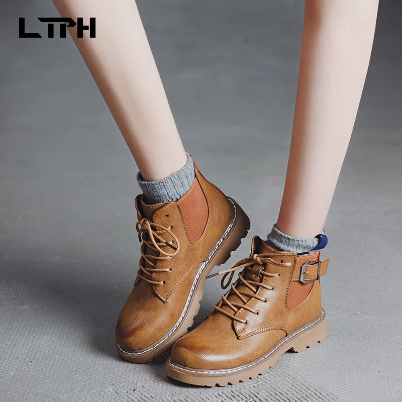 

LPTH Martin boots 2020 autumn and winter new warm lace-up short-tube women's boots PU casual low-heel British women's shoes