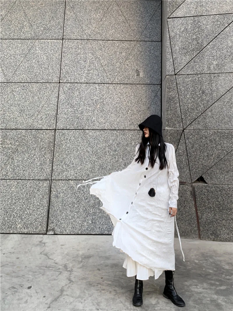 XITAO Irregular Dress Fashion New White Single Breast Full Sleeve 2020 Autumn Goddess Fan Casual Style Loose Dress ZP3683