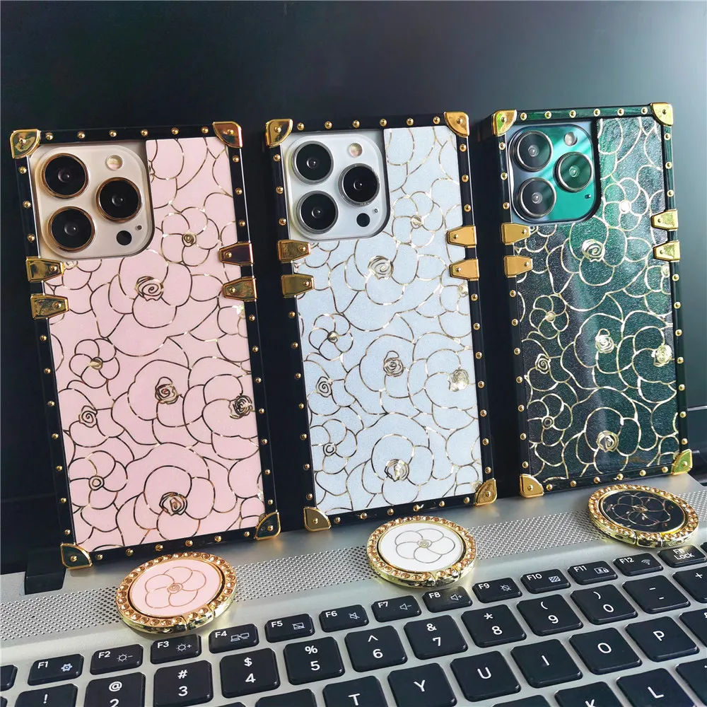 Luxury Flower Geometric Pattern Square Leather Phone Case For iPhone 14 PRO  MAX 13 15 PRO 12 11 X XS XR 7 8 14 Plus Soft Cover