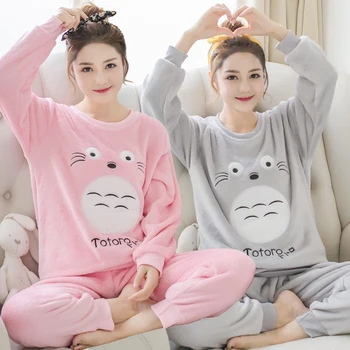 

Thick Warm Flannel Pajamas Sets for Women Winter Long Sleeve Coral Velvet Pyjama Girls Cute Cartoon Totoro Homewear Pijama Mujer