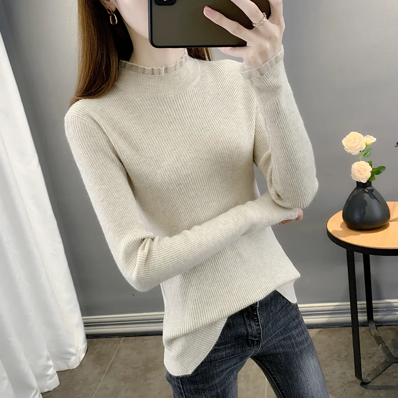 

Knitted Pullover Women's Sweater Korean Fashion Lace Stitching Pullover Slim-fit Sweater Female Jumpers Large Size
