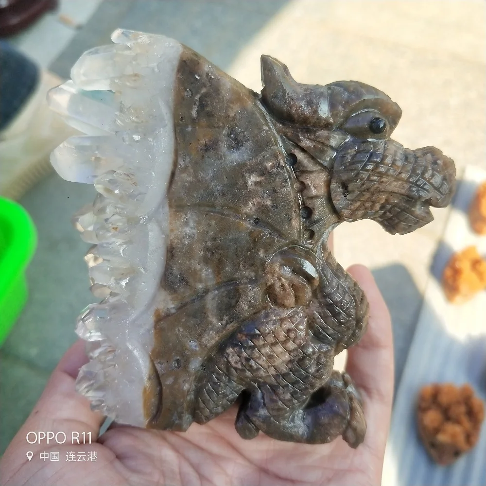 Натуральный белый хрусталь кластер рок ручной резной Динозавр Кристалл Животные Статуя рейки заживление реалистичная скульптура Рождественский подарок
