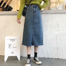 Прямая женская юбка в стиле ретро с высокой талией, простая свободная джинсовая юбка с разрезом, Женская Повседневная тонкая Однотонная юбка на пуговицах для девушек