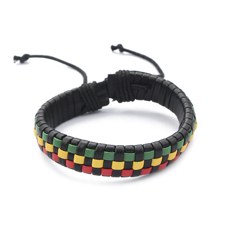 

1pcs Jamaica Handmade Leather Weed Bracelet Ethnic Hiphop Reggae Beads Strand Bracelet for Women Gifts Red String Wristband
