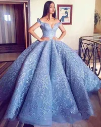Sky Blue Prom Dress Ball Gown Off The Shoulder Appliques Lace Formal Long Prom Gown Evening Dresses Robe De Soiree