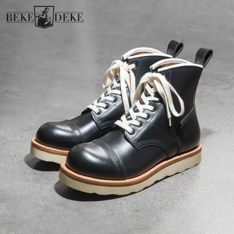 

Vintage Mens Round Toe Lace Up Thick Platform Combat Boots Genuine Leather Work Safety Shoes Retro Handmade Cowhide Ankle Boots