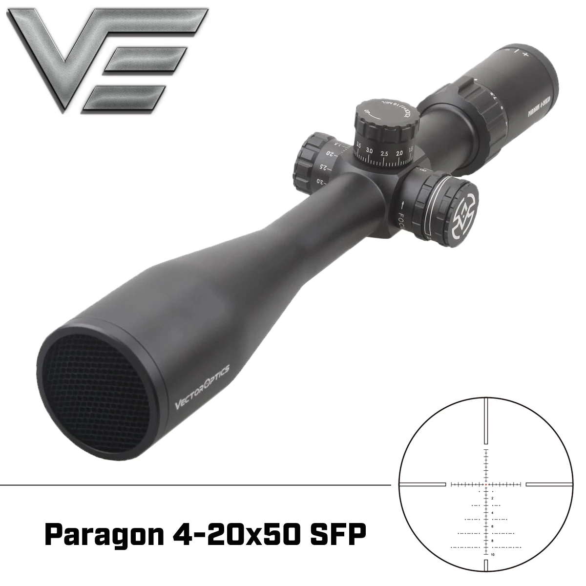 

Vector Optics Paragon 4-20x50 SFP Rifle Scope Tactical Riflescope 1/10 MIL 30mm Monotube W/ Honeycomb Sunshade fit for .223.338