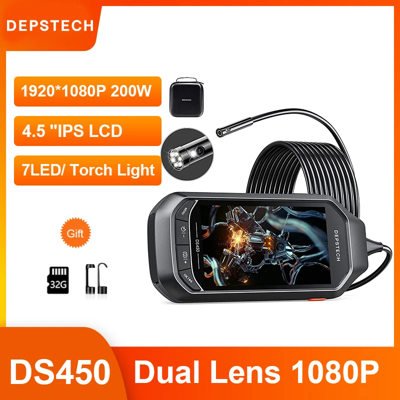 US $79.95 DEPSTECH Industrial Borescope 1080P Dual Lens 45in IPS Screen Endoscope with Torch light 7 LED Lights 32GB TF for Car Sewer