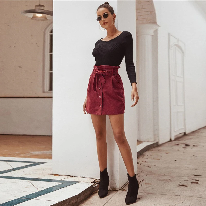 SHEIN однотонная Повседневная Вельветовая юбка на пуговицах спереди с поясом, Женская Весенняя сумка на талии, уличная одежда, женские мини-юбки с карманами