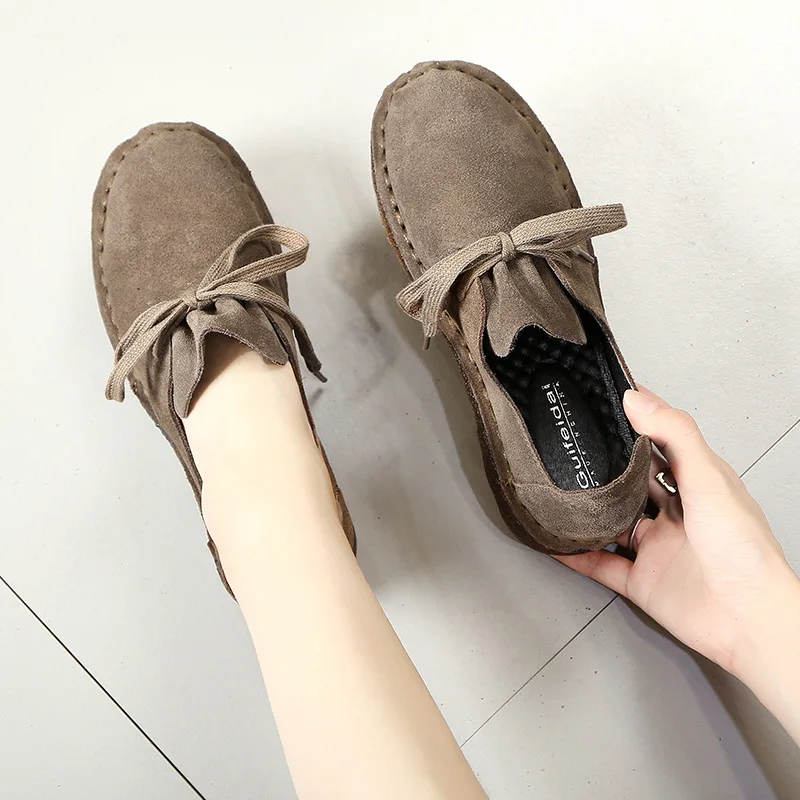 AARDIMI Women Spring Cow Suede Casual Oxfords Soft Bottom Flats Lace Up Sewing Lazy Shoes Woman NonSlip Large Size Footwear New