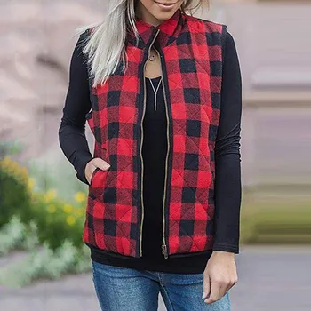 

Women Vest Coat Winter Warm Casual Open Front Color Block Lapel Sleeveless Plaid Pockets Female Vest Cardigan Outerwear #45