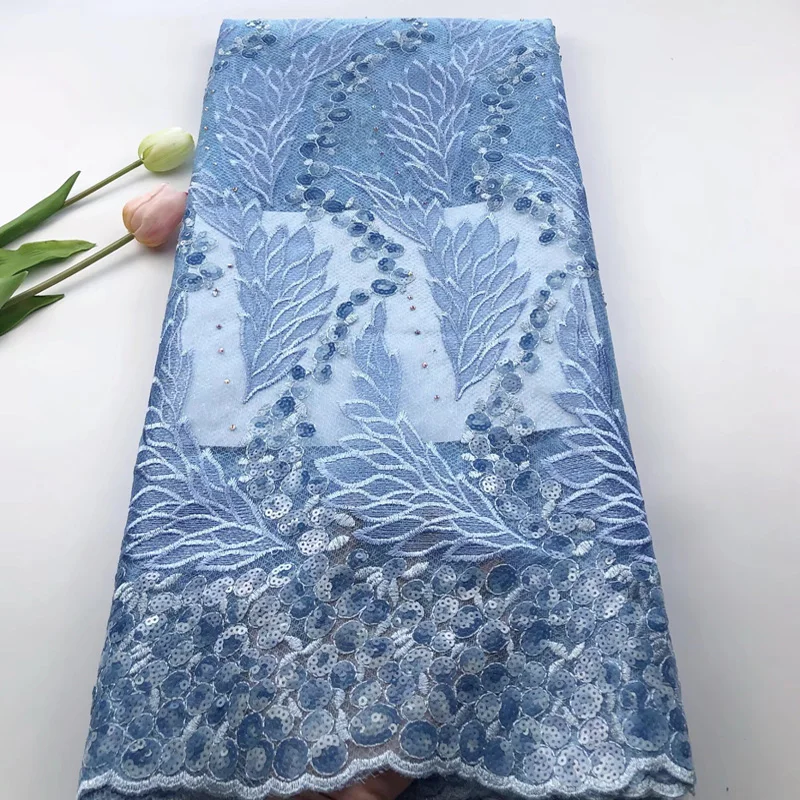 

6 colors High quality sky blue African net lace fabric wonderful embroidered French lace with sequins for party dress FLH006