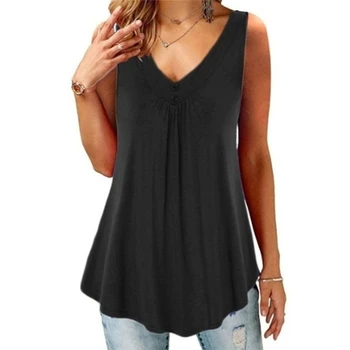 

2019 New Women Tops Casual and Sexy Sleeveless T-shirt Button Tops Pleated Women Summer Tank Tops Plus Size 2XL Women Clothing