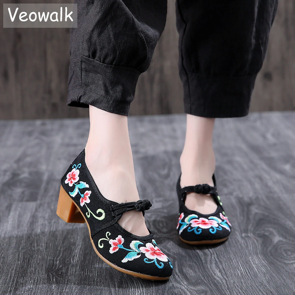 Veowalk Sepatu 4 5cm Wanita Kanvas Bordir Blok Tumit Sepatu Comfort Kapas Wanita Mary Jane Chunky Pompa Cina Beijing Tua Sepatu Wanita Pompa Aliexpress
