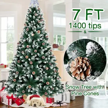 

OurWarm 7ft Flocked Christmas Tree with Berries and Pine Cones New Year Home Decoration Artificial Christmas Tree