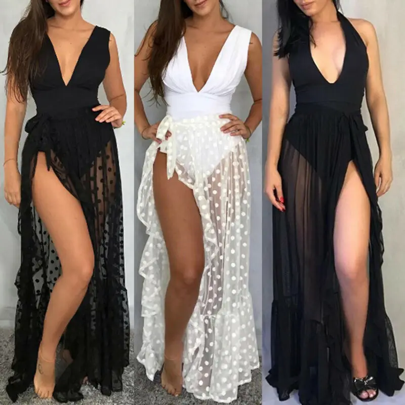 Hirigin Sexy Women Swimwear Long Skirts Mesh Cover-Up Bikini See Through Swim Split Beach Polka Dot Maxi Bathing Suit | Женская одежда