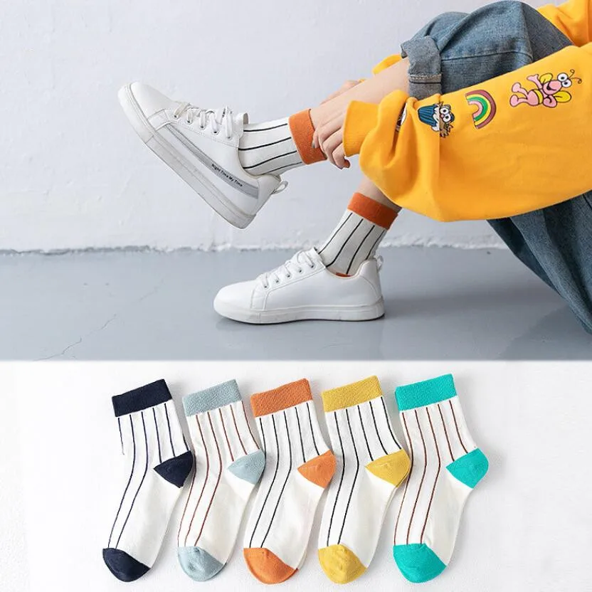 Женские однотонные хлопковые носки в полоску; яркие цвета; носки в полоску с манжетами; зимние спортивные носки в Вертикальную Полоску для девочек; 5 пар/лот