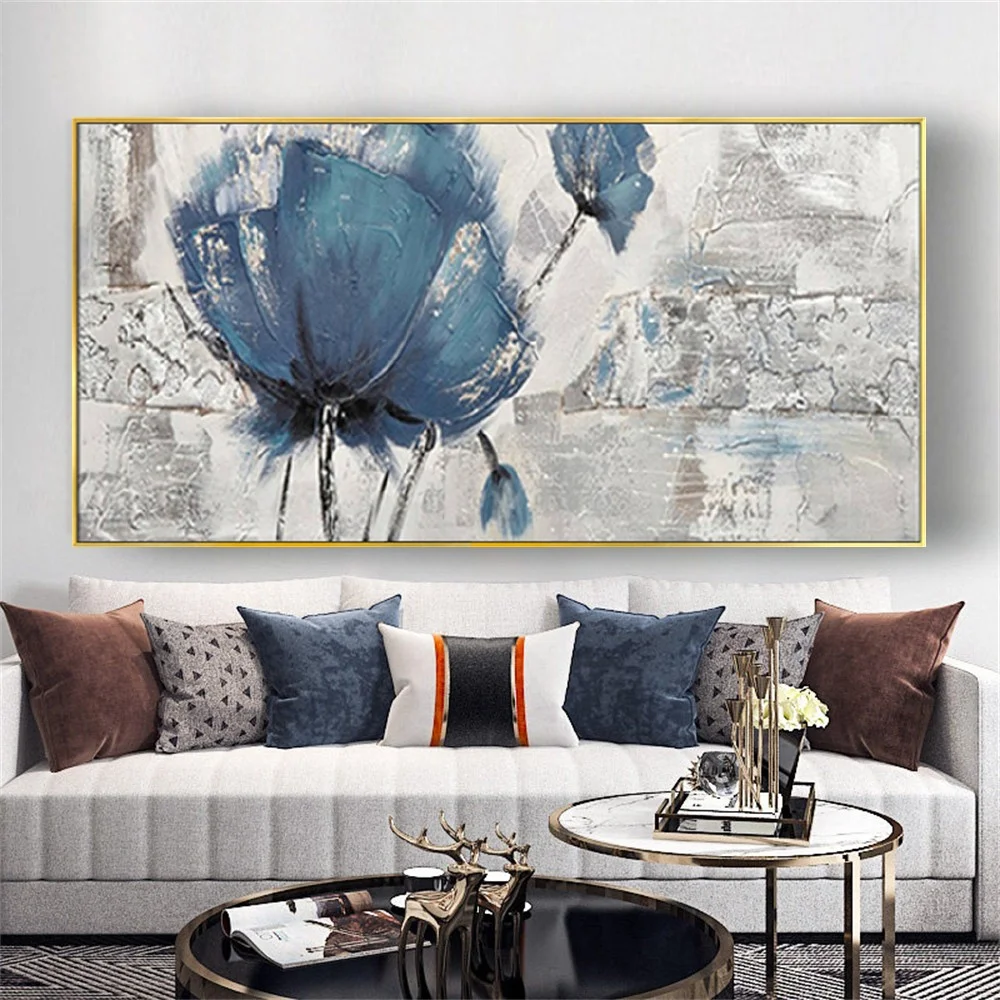 

High Quality Modern 100% Handmade Oil Paintings Blue Texture Floral Dandelion Canvas Poster Gray Wall Art For Living Room Decor