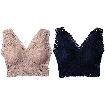 

2 Pcs Women Flower Tank Top Bra Lace Floral Crochet Crop Top Complexion & Royal Blue