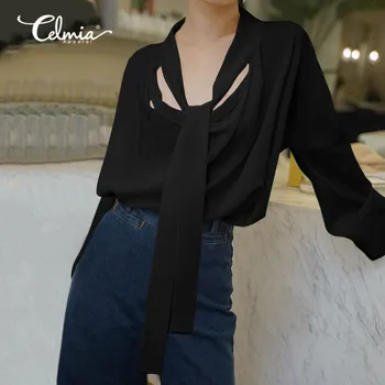 

Celmia Women Elegant Long Sleeve Blouse Solid Office Loose Shirts Tops Spring Party Casual Fashion Neckline Lace Up Blusas 5XL