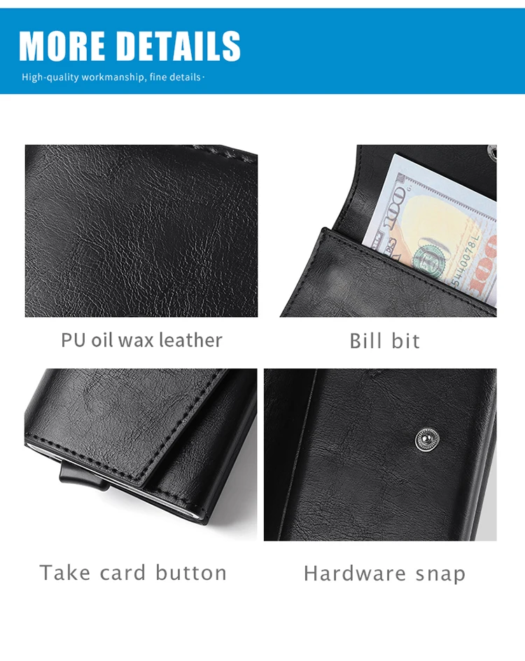 Aluminum Metal Pop up Credit Card Wallet 2021 New Fashion Men RFID NFC Protection Tri-fold PU Synthetic Vintage Smart  Wallet