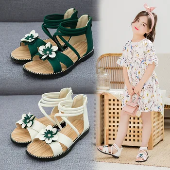 

Girl Sandals Summer Shoes Cute Flower Roman Shoes White Green Pearl Beading Open-toe Kids Girls teenager Beach Sandals Shoes Zip