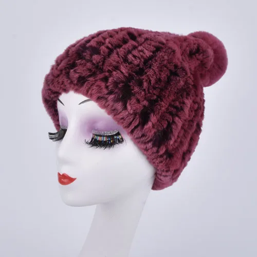 Real rex rabbit fur hat women winter knitted fur beanies cap with fur pom poms new thick female cap Elastic Soft warm - Цвет: Brick red