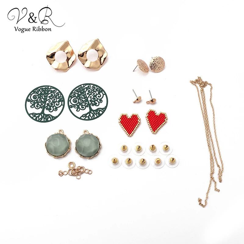 

New Diy Handmade Jewelry, Post Earring Set, Geometric Stud With Life Tree/ Heart/ Epoxy Stone Pendant, Fashion Accessories Gifts