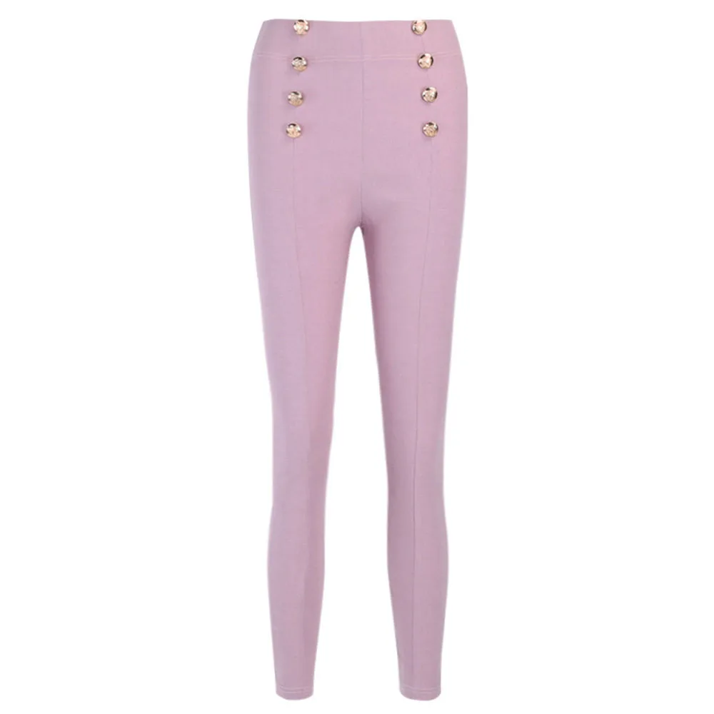 High Waist Pink Button Pencil Pants Women Stretchy Leggins Sexy Bottoming Skinny Push Up Autumn Winter Office Ladies Trousers