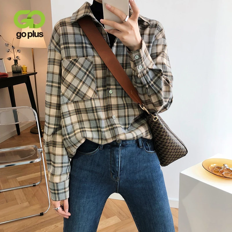 

GOPLUS Spring Womens Tops and Blouses Turn-down Collar Plaid Loose Women's Shirt Blouse Women Clothing for Women Ropa Mujer